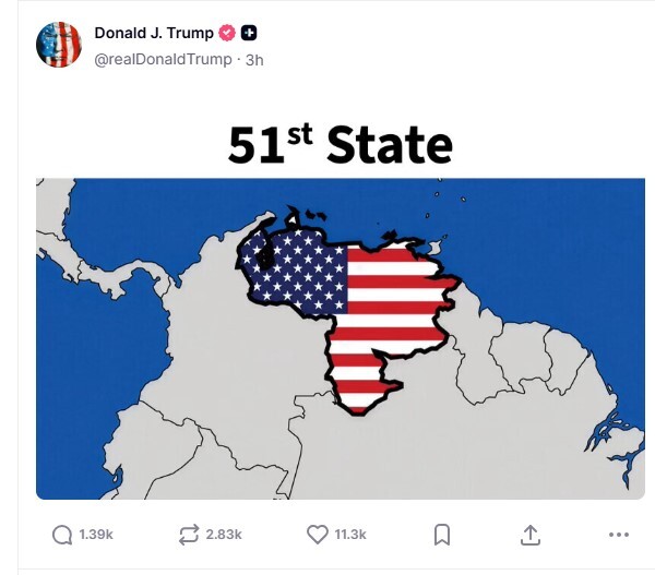 TT Trump đăng hình bản đồ Venezuela gắn cờ Mỹ, gọi là 'bang thứ 51'