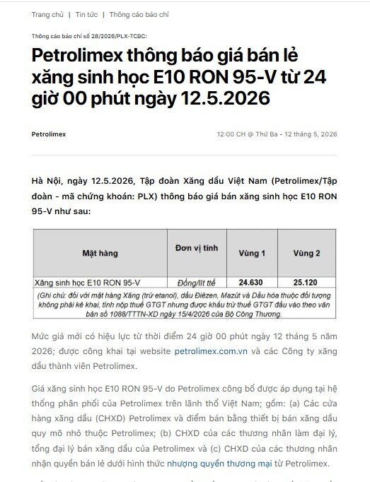 Petrolimex công bố giá xăng E10 hơn 24.000 đồng/lít