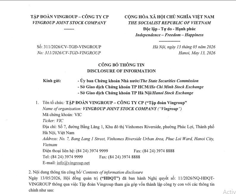 Vingroup (VIC) lập thêm công ty mới
