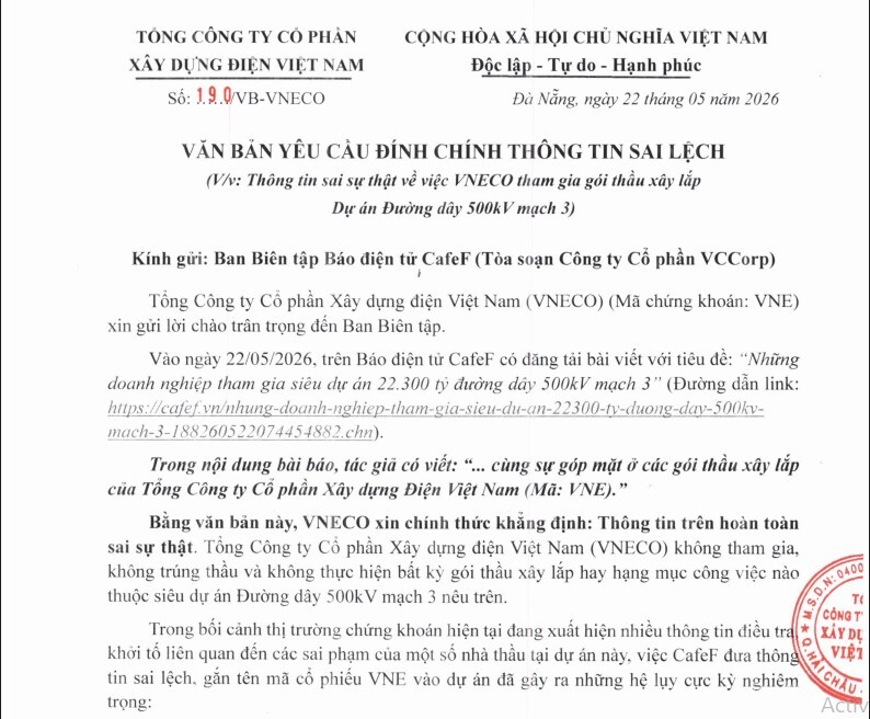 "Ông lớn” xây lắp điện Việt Nam lên tiếng về thông tin tham gia đường dây 500kV mạch 3, cổ phiếu bật tăng kịch trần