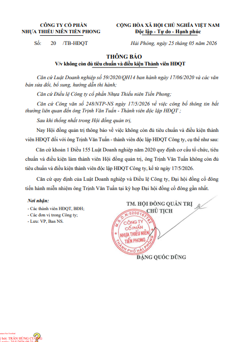 Diễn biến mới nhất tại Nhựa Tiền Phong sau khi ông Tuấn bị khởi tố