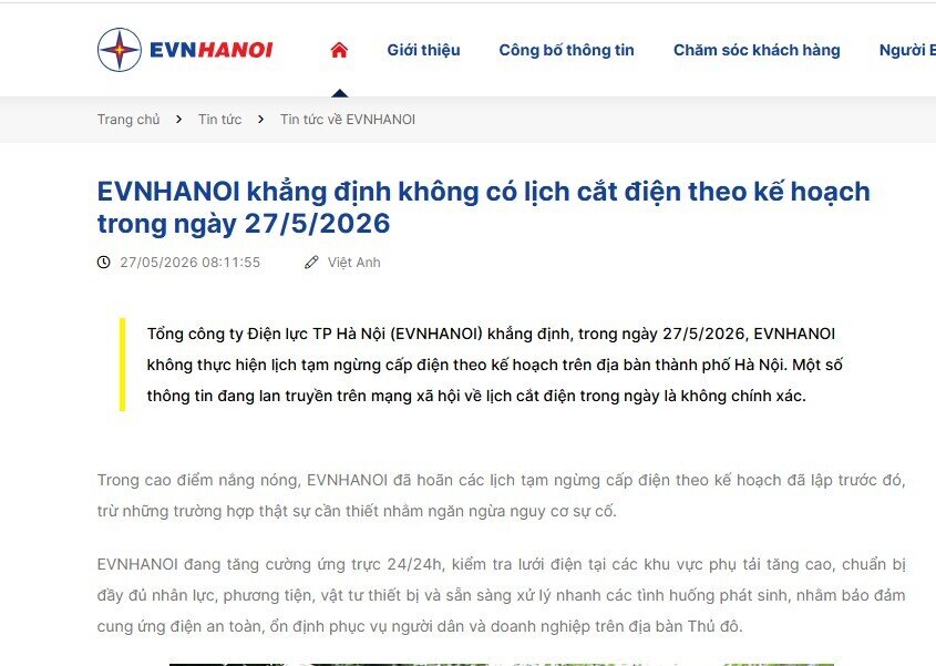 EVNHANOI khẳng định: Không có lịch cắt điện theo kế hoạch trong ngày 27/5