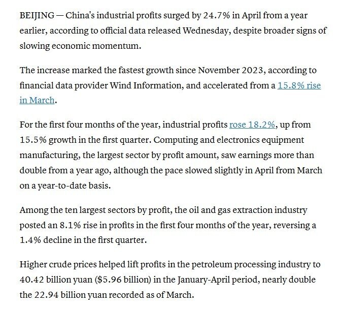 Lợi nhuận công nghiệp Trung Quốc tăng vọt 24,7% trong tháng 4, mức tăng nhanh nhất trong hơn hai năm