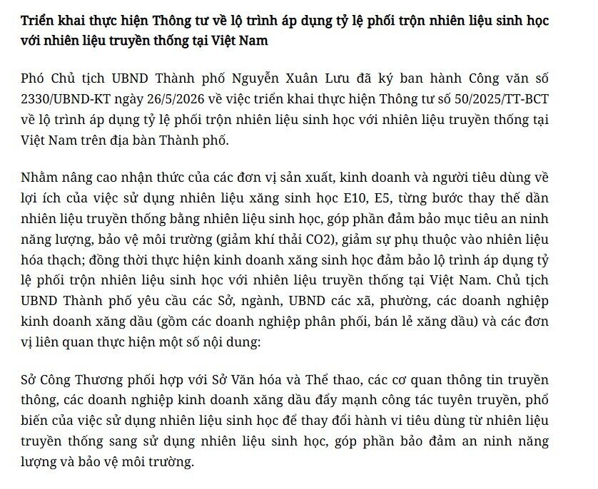 Hà Nội phát thông báo quan trọng về xăng sinh học E10