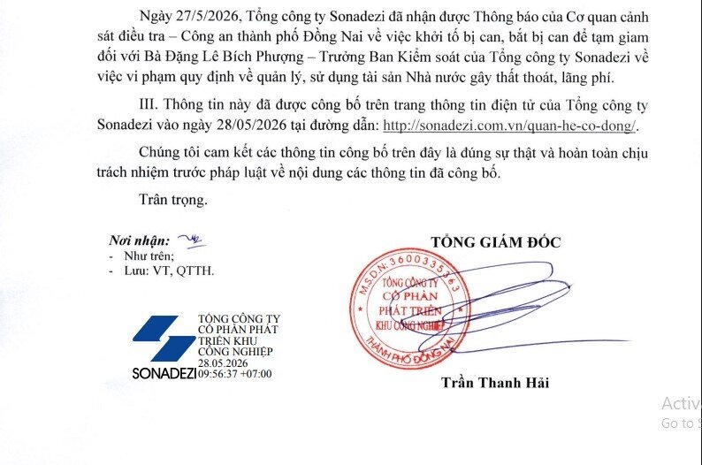 Khởi tố, bắt tạm giam Trưởng Ban kiểm soát Sonadezi (SNZ)