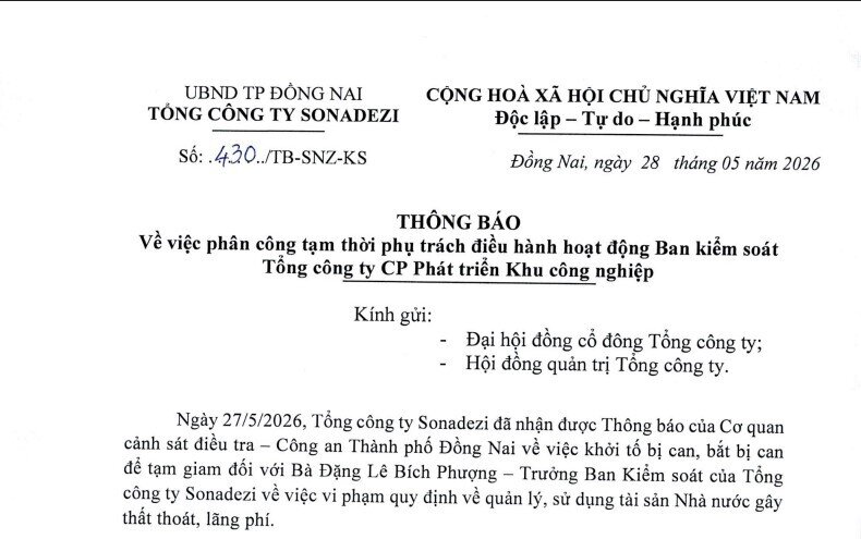 Khởi tố, bắt tạm giam Trưởng Ban kiểm soát Sonadezi (SNZ)