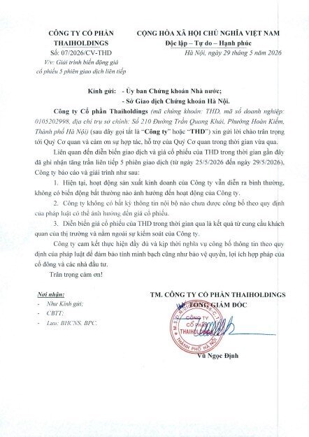 Thaiholdings (THD) giải trình về đà tăng dựng đứng của cổ phiếu