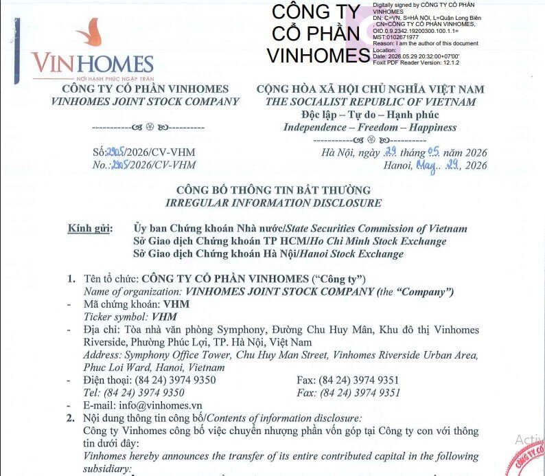 Vinhomes (VHM) cơ cấu danh mục công ty con