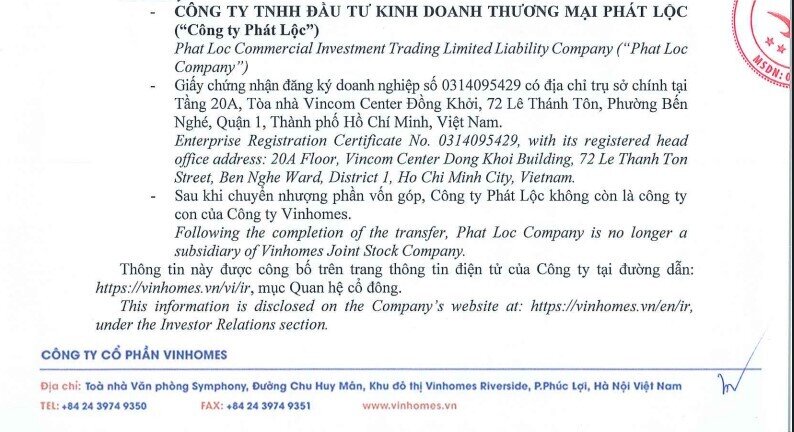 Vinhomes (VHM) cơ cấu danh mục công ty con