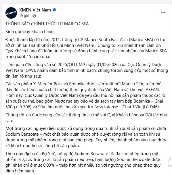 XMEN Việt Nam nói gì sau thông tin sữa tắm, nước rửa tay bị thu hồi và tiêu huỷ?