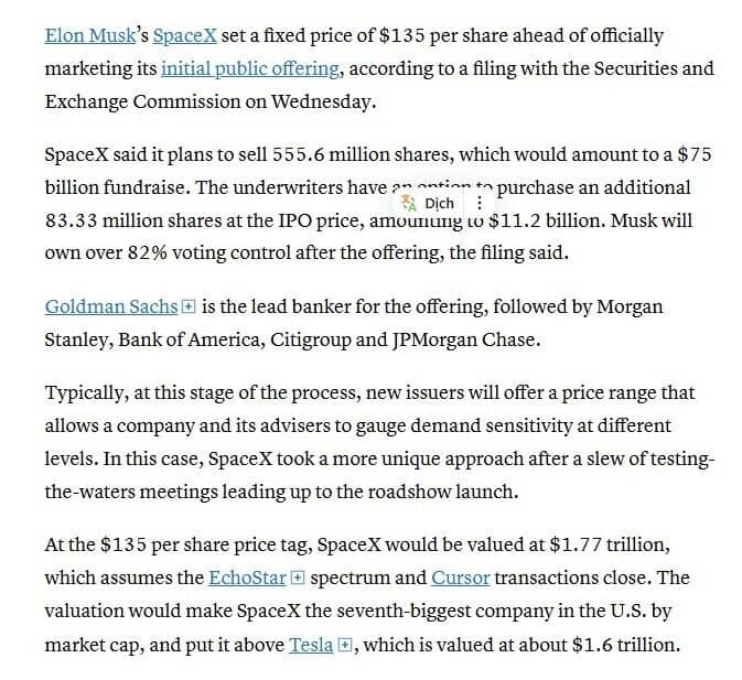 Tỷ phú Elon Musk lại gây sốc: SpaceX IPO 555,6 triệu cổ phiếu, định giá lọt top 10 thế giới