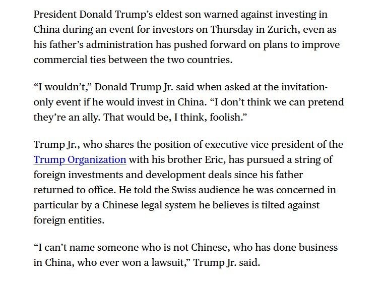 Con trai ông Trump khuyên NĐT tránh Trung Quốc