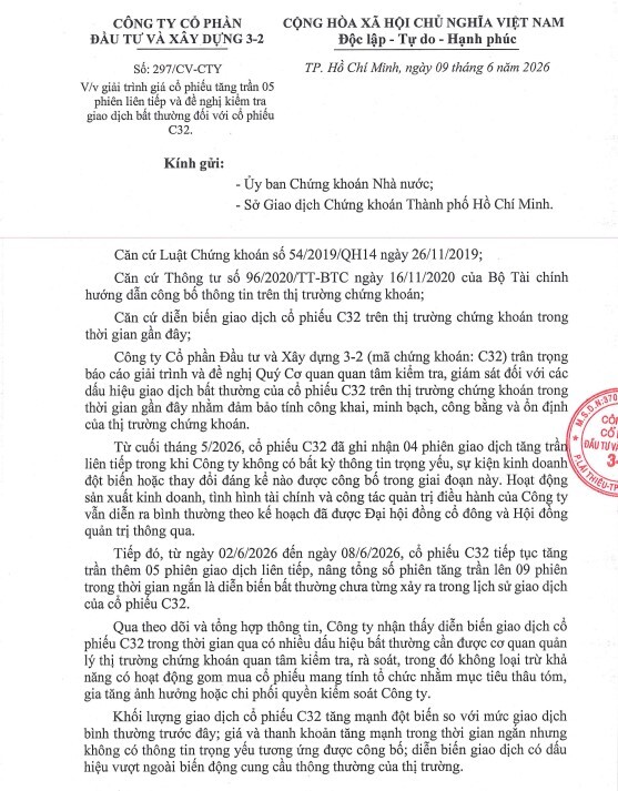 Cổ phiếu C32 tăng sốc chưa từng thấy, DN bất ngờ đề nghị cơ quan quản lý vào cuộc