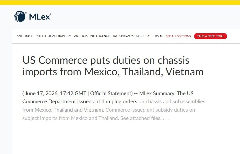 Mỹ áp thuế chống bán phá giá 186,84% với khung gầm xe từ Việt Nam