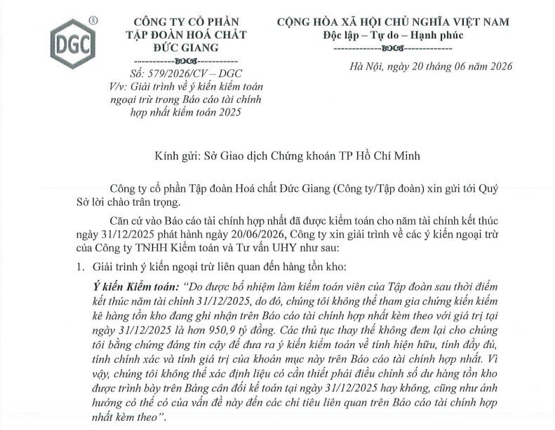 Hóa chất Đức Giang (DGC) giải trình ý kiến ngoại trừ của kiểm toán