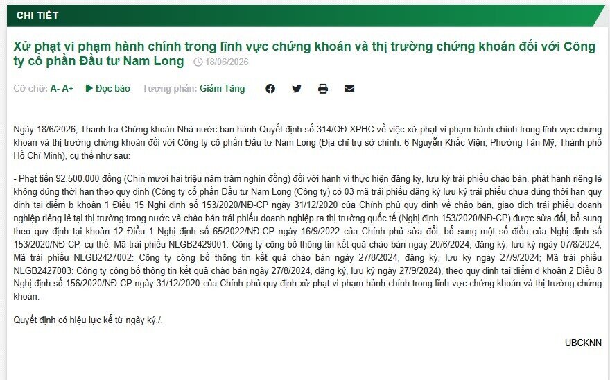Xử phạt DIG, NLG, Hưng Thịnh Land liên quan hoạt động phát hành trái phiếu