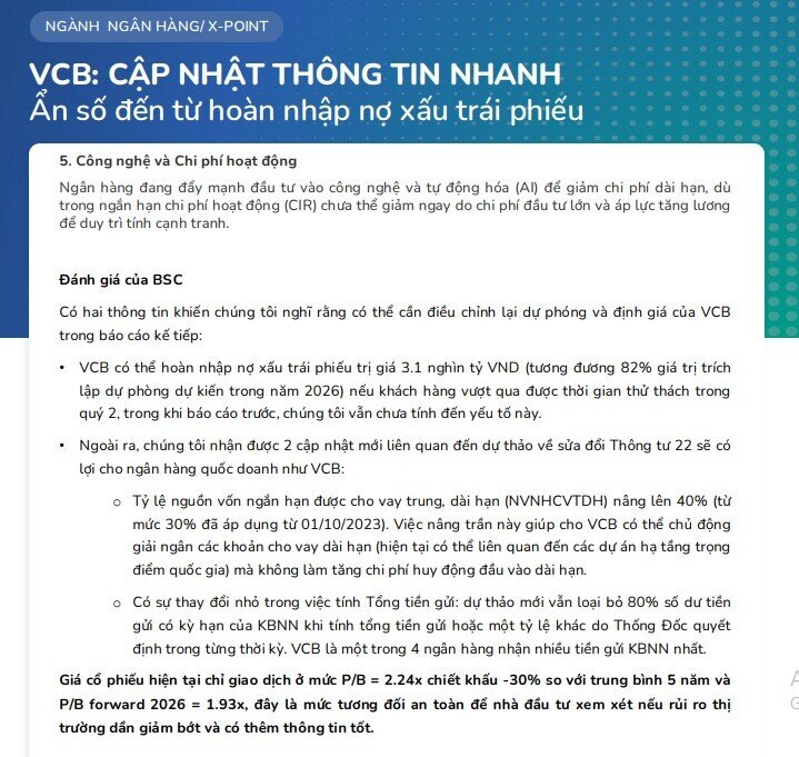 Vietcombank (VCB) có khả năng hoàn nhập 3.100 tỷ đồng nợ xấu