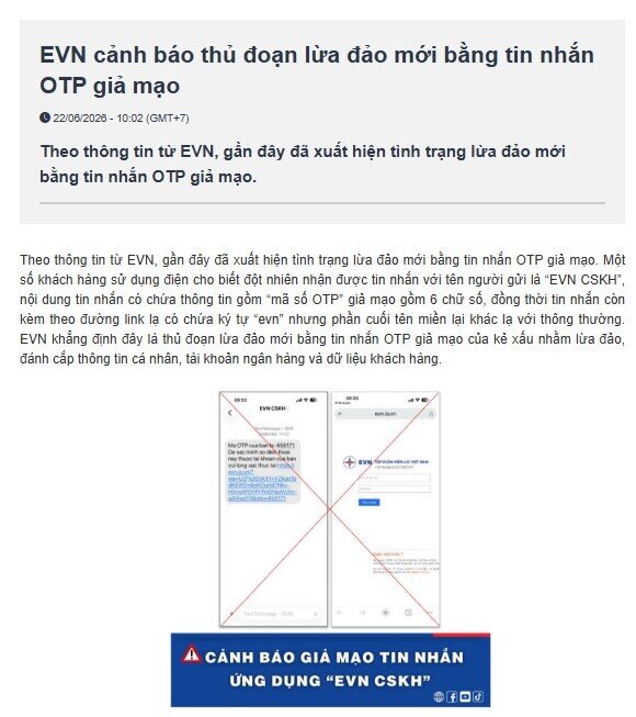 Nhiều người mất tiền, EVN cảnh báo thủ đoạn lừa đảo bằng tin nhắn OTP