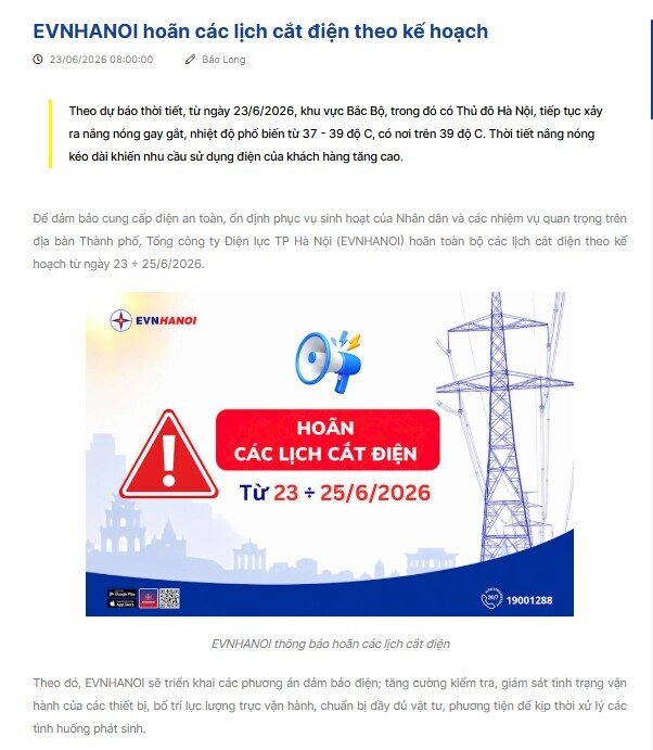 EVNHANOI hoãn toàn bộ lịch cắt điện theo kế hoạch trong 3 ngày