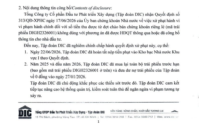 DIC Corp (DIG) lên tiếng sau án phạt vì dùng vốn trái phiếu sai cam kết