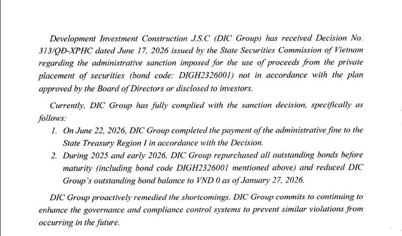 DIC Corp (DIG) lên tiếng sau án phạt vì dùng vốn trái phiếu sai cam kết