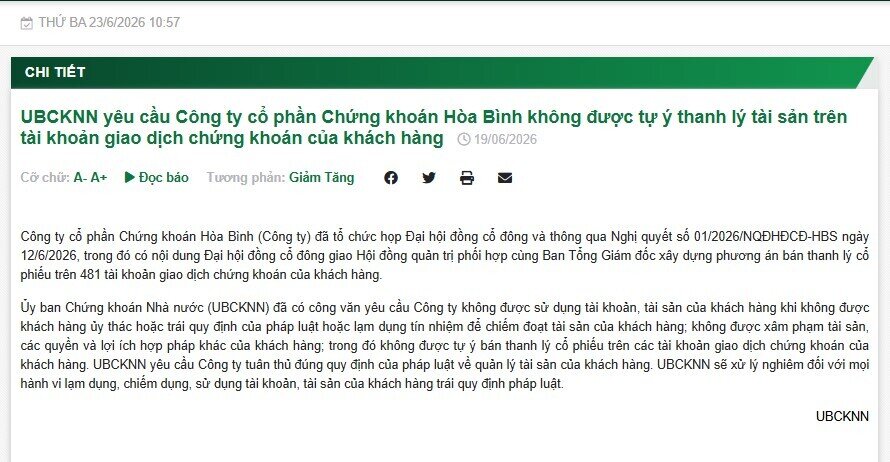 UBCK "tuýt còi" kế hoạch bán cổ phiếu trên 481 tài khoản khách hàng của Chứng khoán Hòa Bình