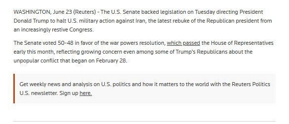 Quốc hội Mỹ yêu cầu Tổng thống Trump chấm dứt hành động quân sự ở Iran