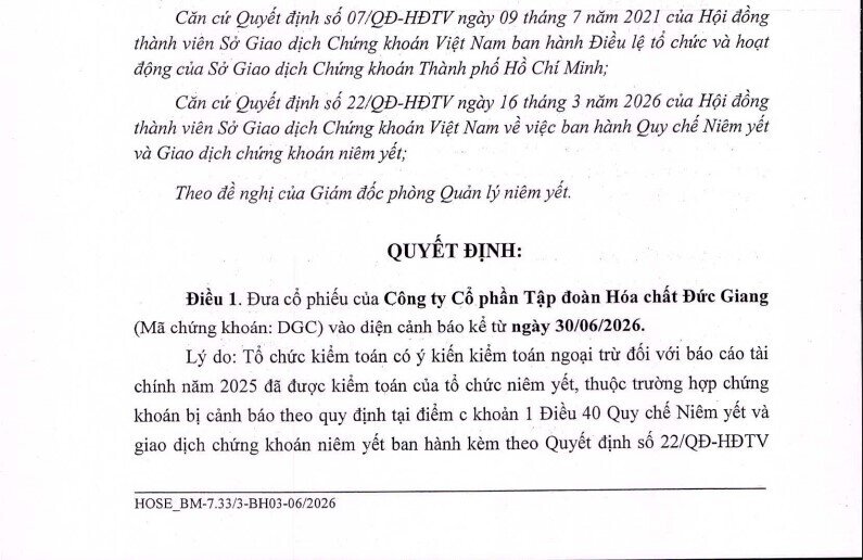 Cổ phiếu DGC vào diện cảnh báo từ ngày 30/6