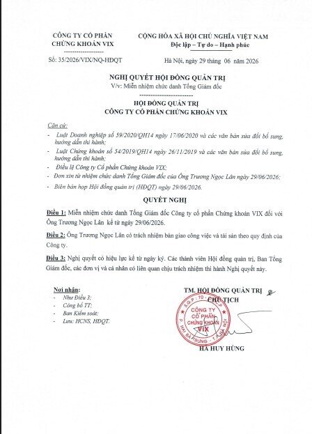 Chứng khoán VIX thay Chủ tịch HĐQT và Tổng Giám đốc