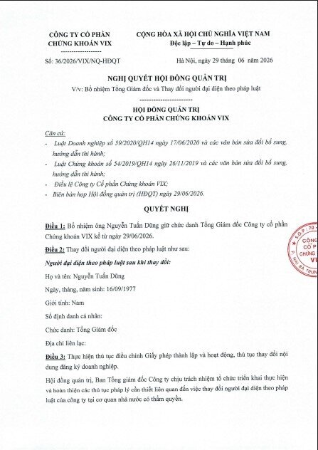 Chứng khoán VIX thay Chủ tịch HĐQT và Tổng Giám đốc