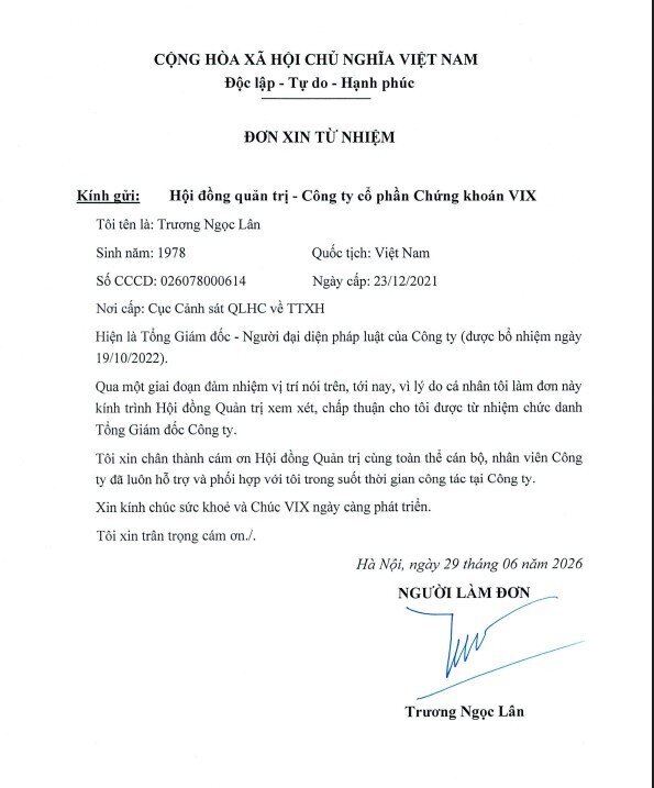 Chứng khoán VIX thay Chủ tịch HĐQT và Tổng Giám đốc