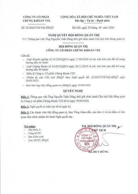 Chứng khoán VIX thay Chủ tịch HĐQT và Tổng Giám đốc