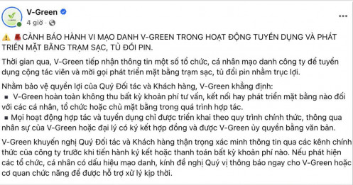 V-Green phát thông báo khẩn đến toàn bộ khách hàng