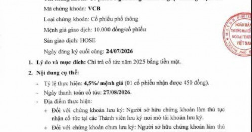 Vietcombank (VCB) chốt trả cổ tức tiền mặt, hơn 3.760 tỷ đồng sắp về tay cổ đông