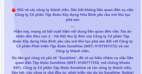 Sunshine Group chính thức lên tiếng về vụ việc Xây dựng Hòa Bình yêu cầu mở thủ tục phá sản