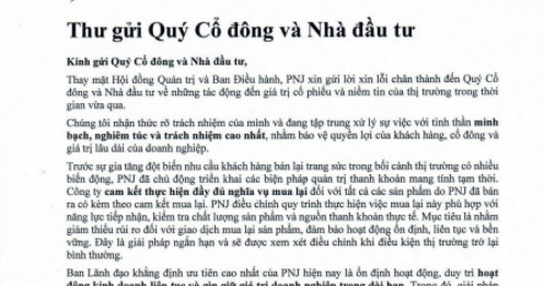 PNJ tiếp tục gửi tâm thư tới cổ đông, cho biết doanh thu vẫn tăng hai chữ số