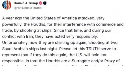 Trump cảnh báo Iran sau đòn tấn công ở Biển Đỏ