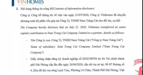 Vinhomes chuyển nhượng toàn bộ vốn tại công ty vừa thành lập