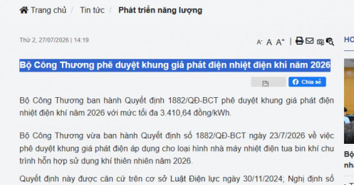 Giá trần điện khí LNG chính thức được nâng lên hơn 3.410 đồng/kWh
