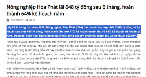 Nông nghiệp Hòa Phát lãi 648 tỷ đồng sau 6 tháng, hoàn thành 64% kế hoạch năm