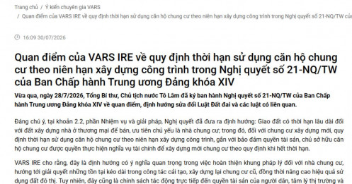 VARS IRE: Sở hữu đất của chung cư thương mại vẫn là lâu dài, chỉ thay đổi cách xác định thời hạn căn hộ