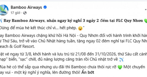 Bamboo Airways mở lại đường bay Hà Nội – Quy Nhơn