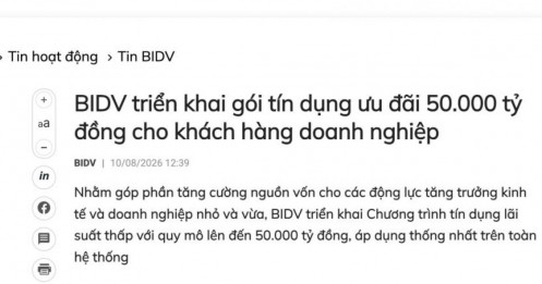 BIDV triển khai gói tín dụng ưu đãi 50.000 tỷ đồng cho khách hàng doanh nghiệp