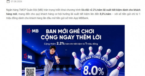 MB tung ưu đãi lãi suất 8%/năm cho khách mới: Ai đang có tiền nhàn rỗi chú ý
