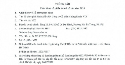 VIX phát hành hơn 122 triệu cổ phiếu để trả cổ tức năm 2025