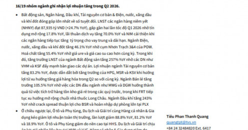 Ngành nào “vô địch” tăng trưởng lợi nhuận quý 2/2026?