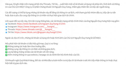 Chủ tịch SSI Nguyễn Duy Hưng bị giả mạo trên TikTok, Threads: NĐT coi chừng “bẫy” hội nhóm