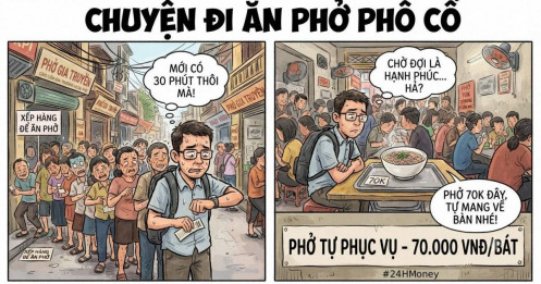 Xếp hàng nửa tiếng để ăn bát phở 70 K tự phục vụ ở phố cổ Hà Nội