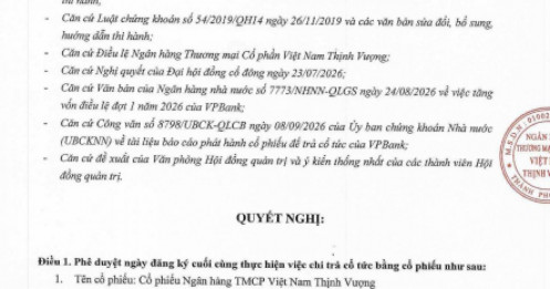 VPBank (VPB) chốt quyền trả cổ tức tỷ lệ hơn 26%