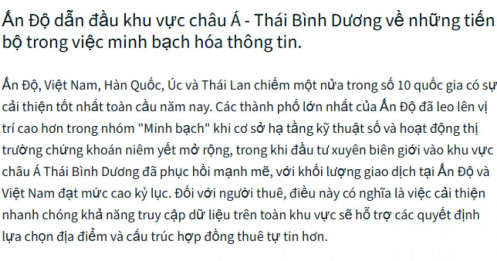 Một tín hiệu đáng chú ý: BĐS Việt Nam vươn lên vị trí 50/88 về độ minh bạch